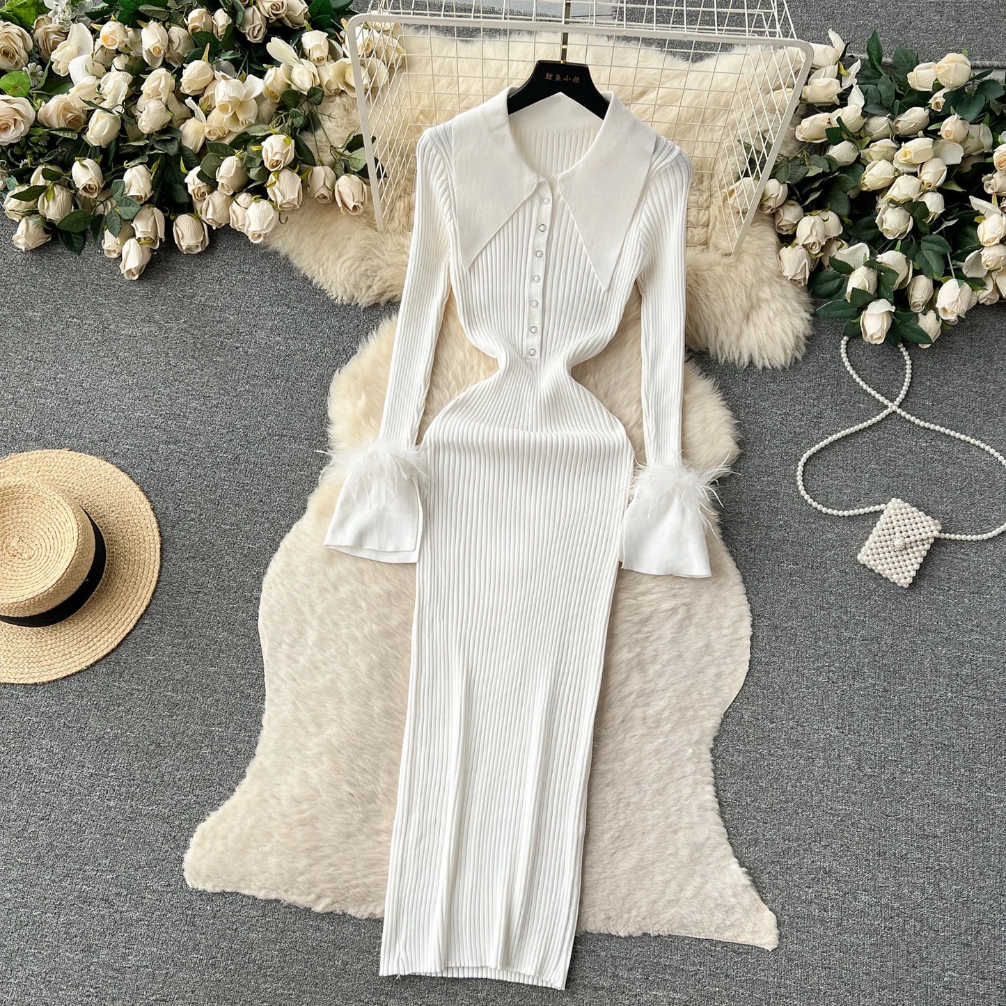 Elegant Turn-down Collar Feather Long Sleeve Knit Bodycon Pencil Dress Slim Fashion Sweater Vestido Sexy Women Winter Clothing