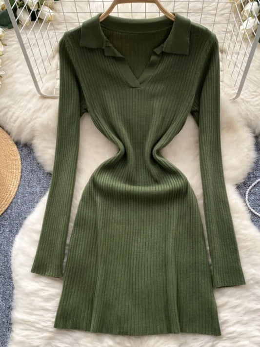 Y2k French Vintage Knitted Dress for Women Autumn Bodycon V-neck Long Sleeved Solid Simplicity Fashion Causal A-line Dresses