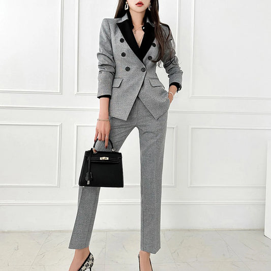 Trendy Slim Fit Commuting Two Pieces Set Office Women's Formal Outfit Double Breasted Work Blazer+Suit Pants Spring Autumn New