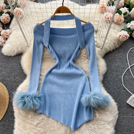 Chic Sexy Halter Bandage Irregular Bodycon Dress Fluffy Long Sleeve Knit Birthday Dress Autumn Winter Pencil Sweater Vestidos