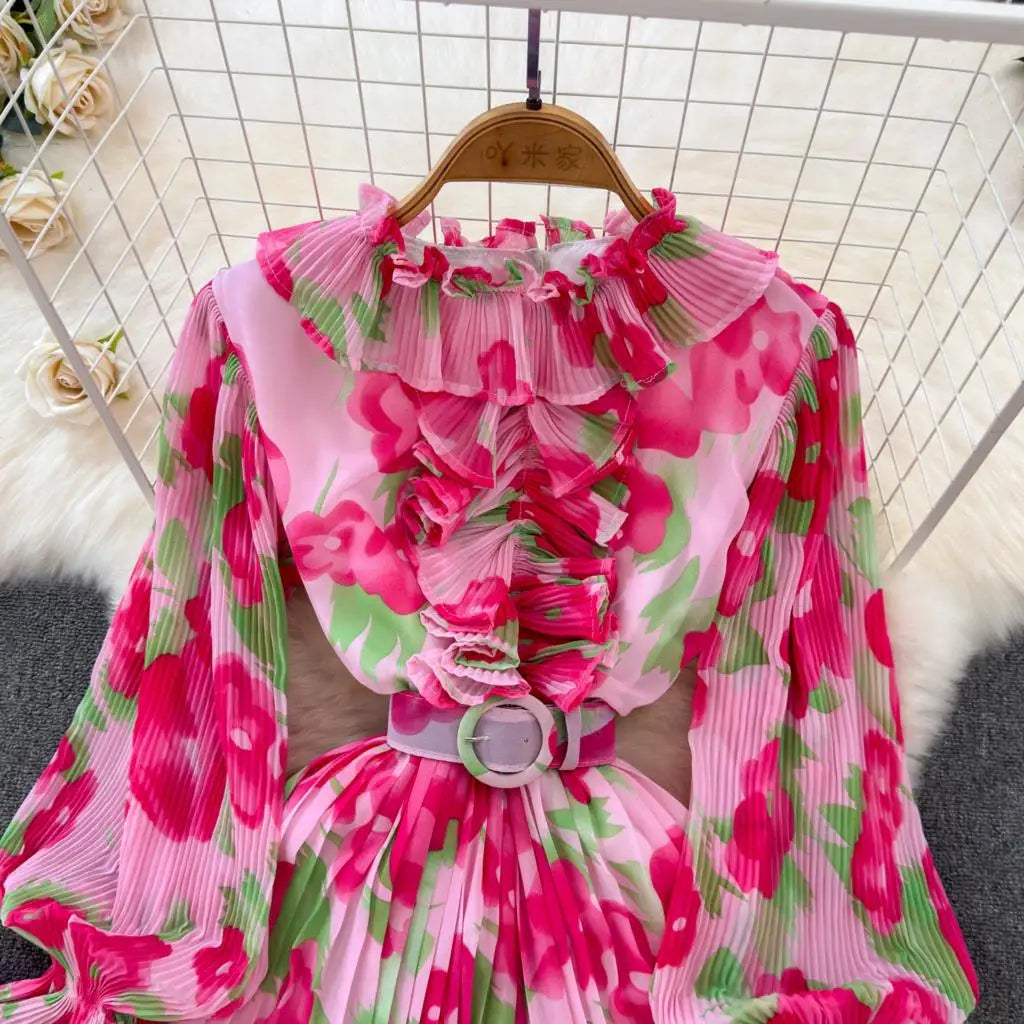 Summer Vintage Casual A-Line Floral Print Women Dress Elegant Chic Pleated Party Prom Vestidos with Belted Female Long Robe