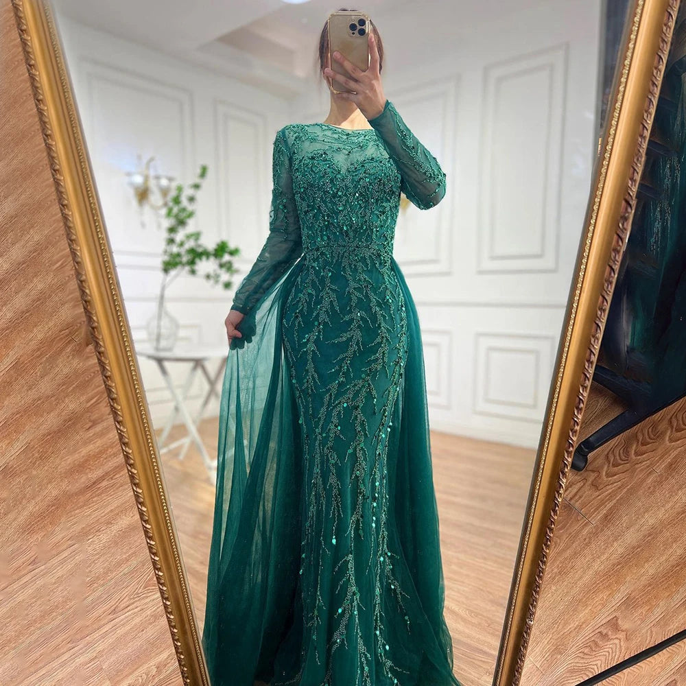 Serene Hill Muslim Green Elegant Mermaid Lace Beaded Luxury Long Evening Dresses Gowns For Women Wedding Party 2024 LA71653L
