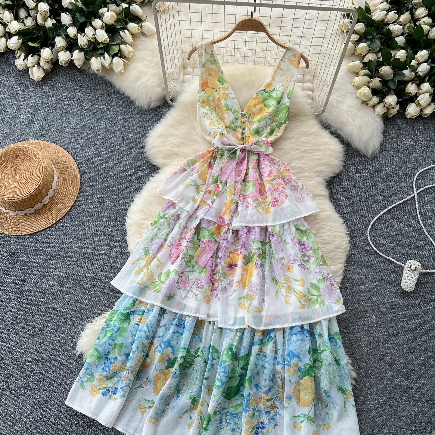 Vintage Print Elegant Sleeveless A-line Vneck Ruffle Bandage Dress Casual Women  Fashion Autumn Spring Dress