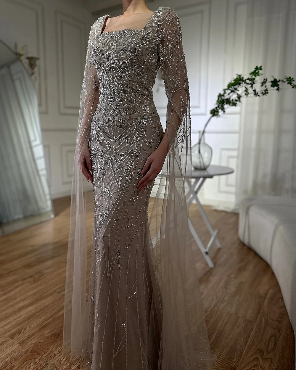 Serene Hill 2024 Arabic Nued Cape Sleeves Mermaid Saudi Evening Dresses Beaded Luxury Party Gowns for Formal Occasion LA72261B