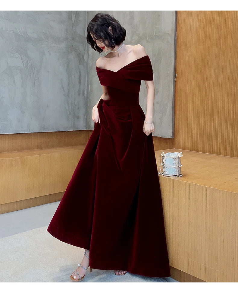 Lautaro Spring Long Luxury Elegant Wine Red Soft Velvet Evening Party Wedding Dresses for Women 2022 Off Shoulder Maxi Dress