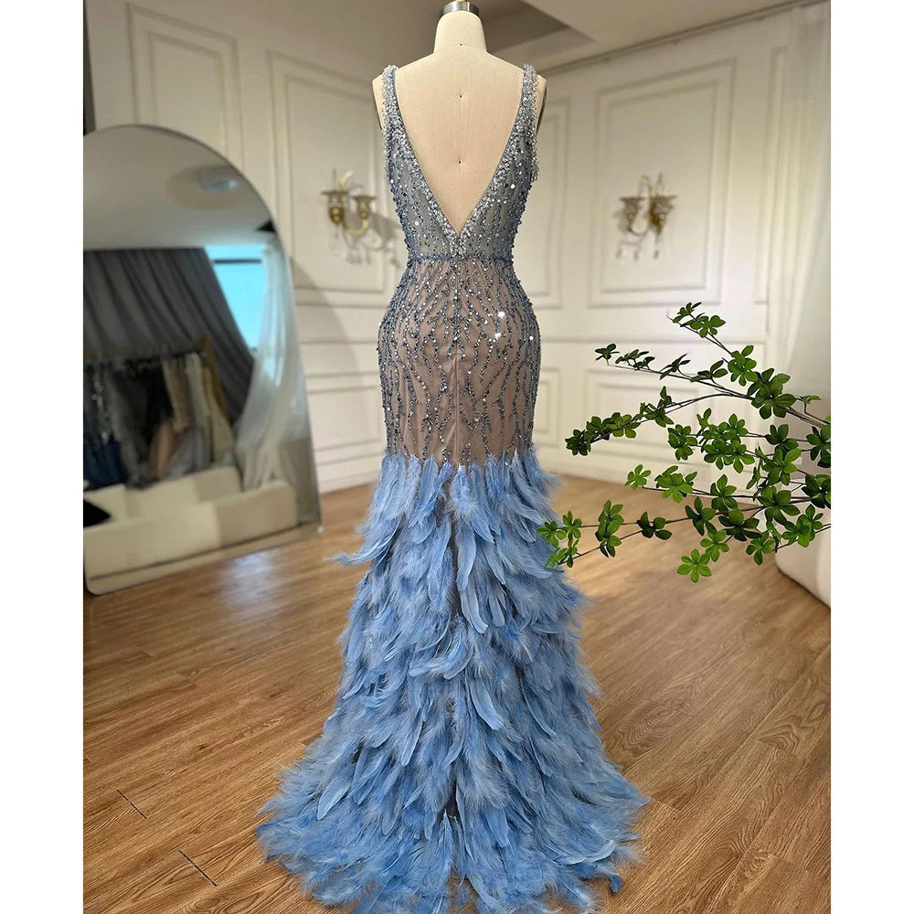 Serene Hill Pink Mermaid High Split Luxury Evening Dresses Feather Beaded Gowns Long 2024 For Women Wedding Party LA72152