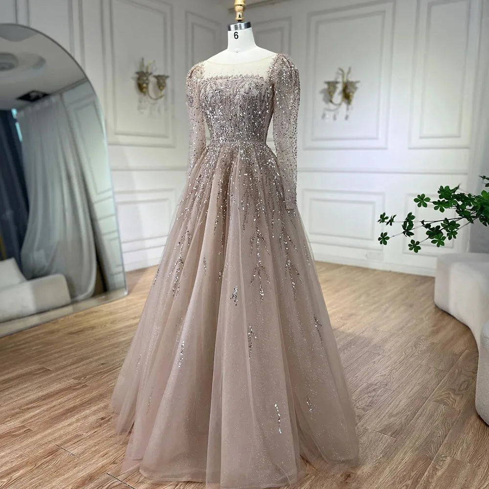 Serene Hill Muslim Pink A Line Beaded Luxury Dubai Long Evening Dresses Gowns 2024  For Woman Wedding Party LA71915