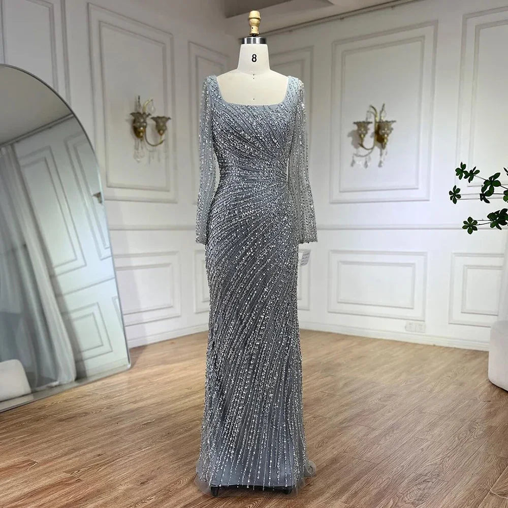 SERENE HILL 2024 Arabic Dubai Silver Gray Beaded Mermaid Evening Dresses Long Sleeves Gown With Skirt For Women Party GLA71618L