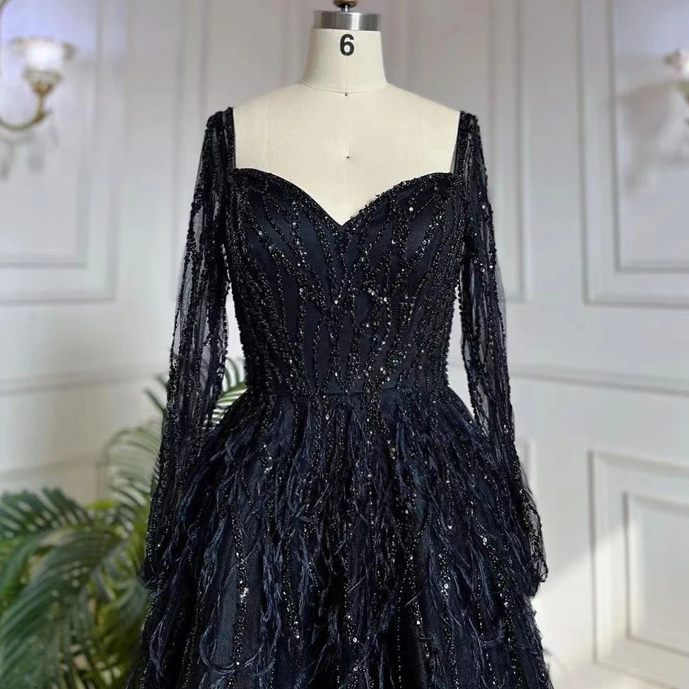 Serene Hill Arabic Red Elegant A Line For Women Long Sleeves Evening Dress Luxury Beaded Handmade Feathers 2024 LA71468