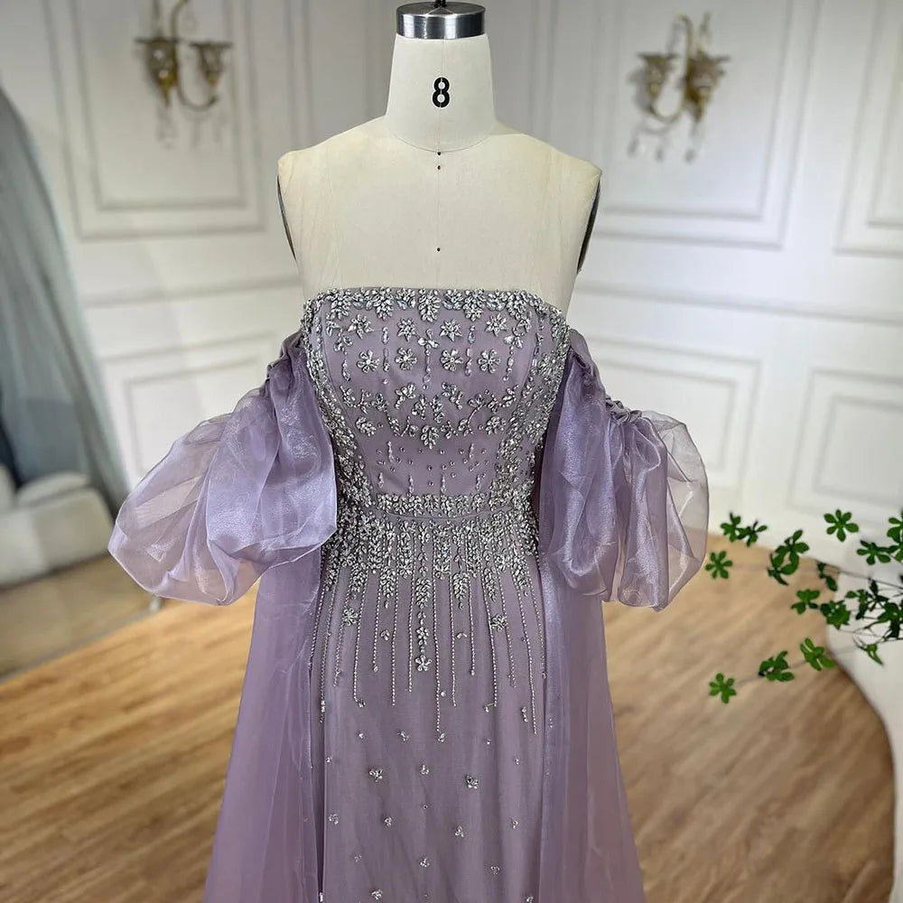 Serene Hill Black Sexy Off the Shoulder Puff Sleeves Evening Dresses Beaded Overskirt Mermaid Party Gown For Women 2023 BLA72002
