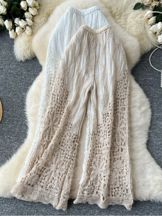Korean Fashion Women Knitting Trousers Autumn Embroidery Splice Hollow Out High Waist Loose Casual Beach Long Wide Leg Pants New