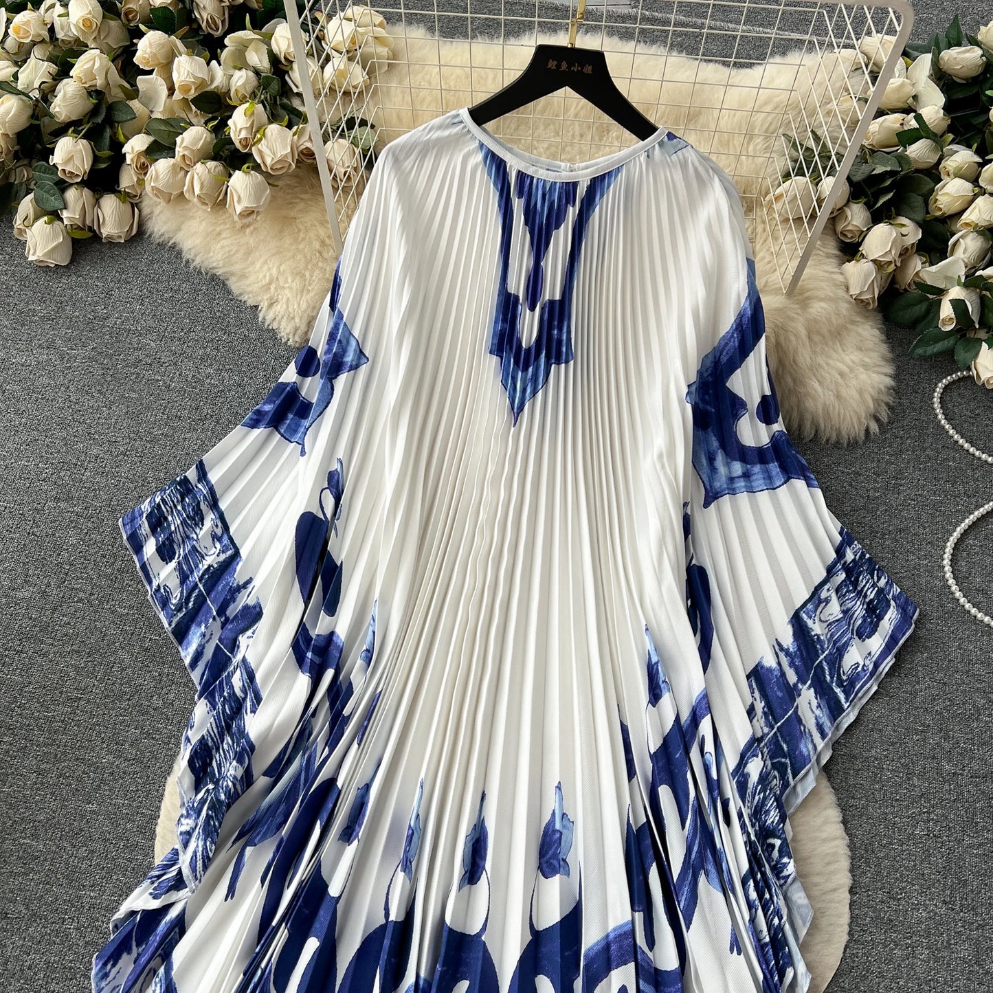 Vintage Print Elegant O-neck Batwing Sleeve Dress A-line Casual Belt Fashion Dress Women Fashion Summer Spring Vestidos
