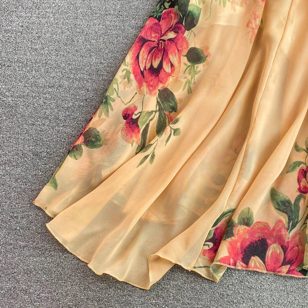 Elegant Evening Party Dress Women Sexy V-neck Floral Printed A-line Long Dresses Ladies Sleeveless Slim A-line Chiffon Long Robe