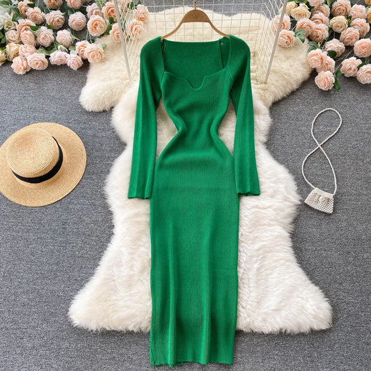 Women Long Sleeve Sexy Bodycon Dress with slit Vintage French Fashion Knit v neck Vestidos Basic Tight Elegant Slim Chic Dresses