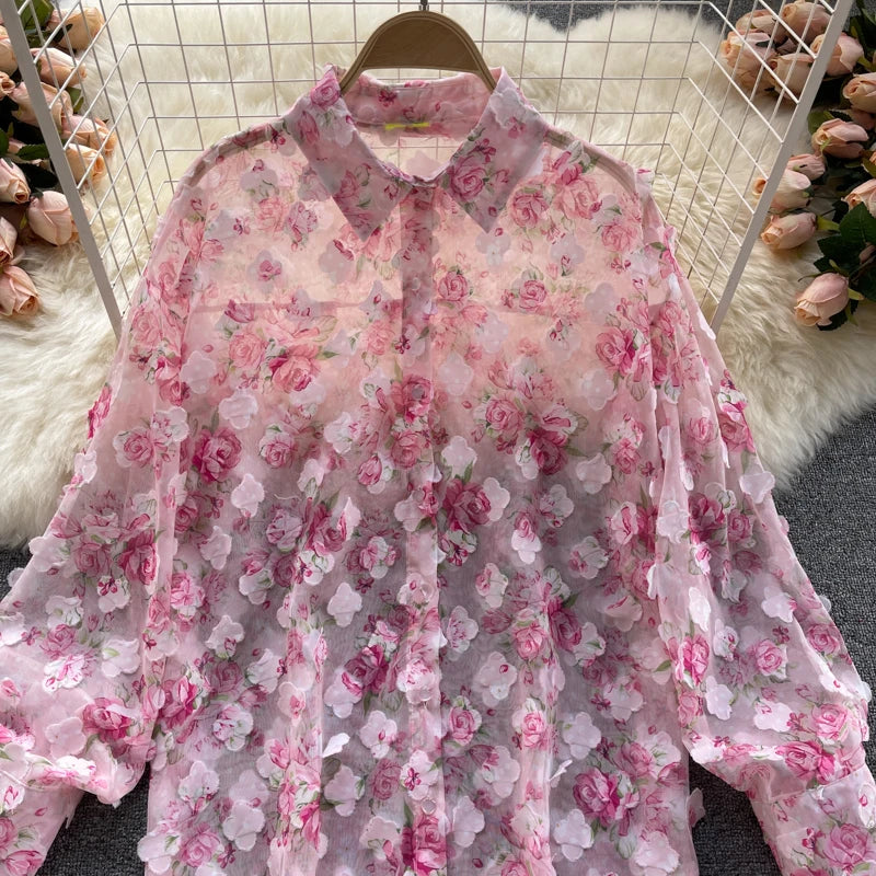 Clothland Sweet Appliqued Floral Blouse Suit Two Piece Pink Set Long Sleeve Shirts Mini Shorts Spring Set TZ228