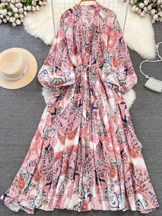 Elegant Women Casual Floral Print Party Dress Vintage Lantern Sleeve A-Line Pleated Prom Birthday Clothes Female Fashion Robe