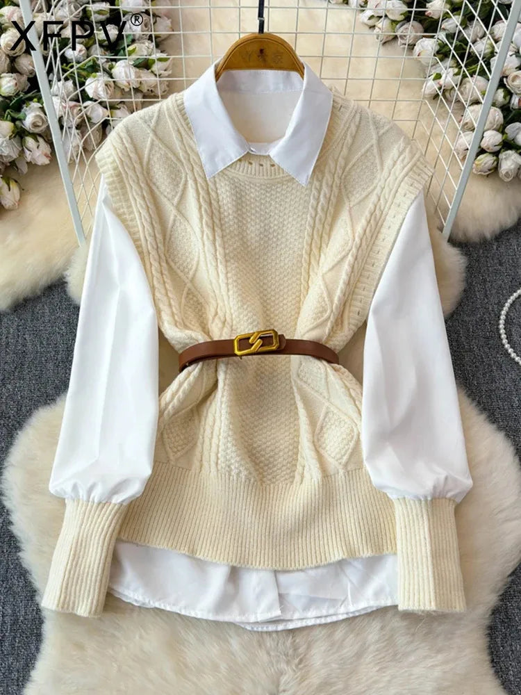 XFPV Women's Sweet Long Sleeve Shirt Top Sweater Knitted Vest Shirt Two Piece Set Y2k Korean Fashion Tide Autumn 2024 SM11613
