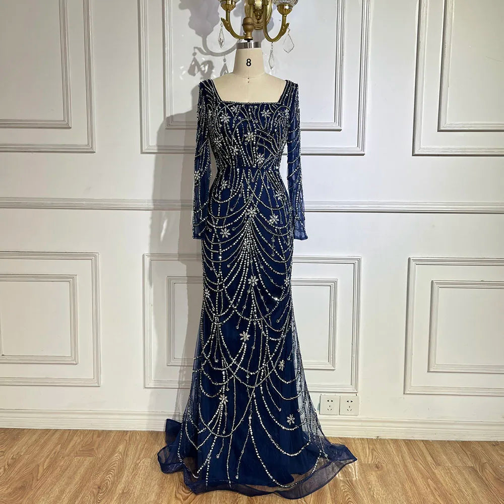 Serene Hill Luxury Dubai Green Mermaid Elegant Crystal Beaded Arabic Evening Dresses Gowns For Women Wedding Party 2023 BLA72242
