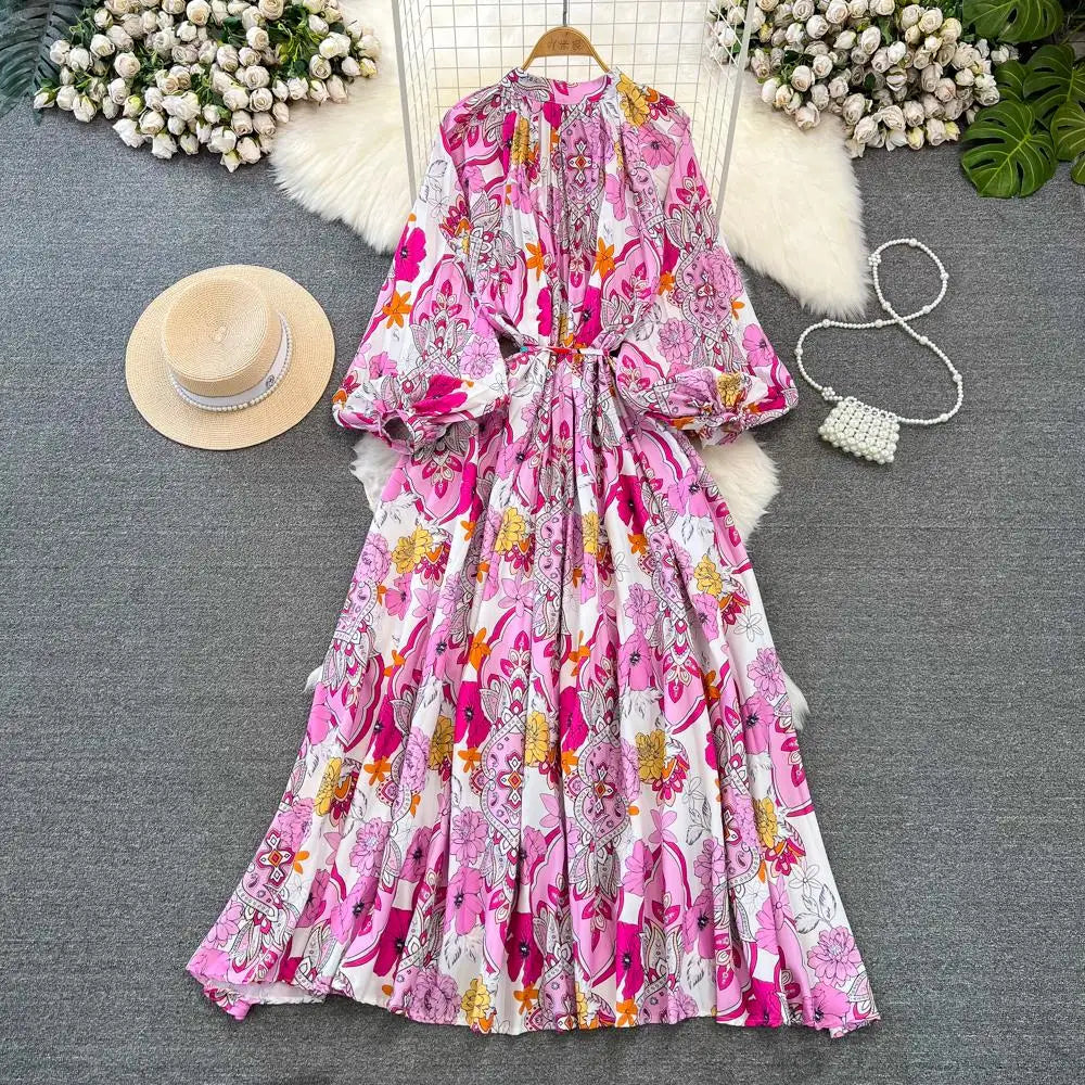Elegant Women Casual Floral Print Party Dress Vintage Lantern Sleeve A-Line Pleated Prom Birthday Clothes Female Fashion Robe