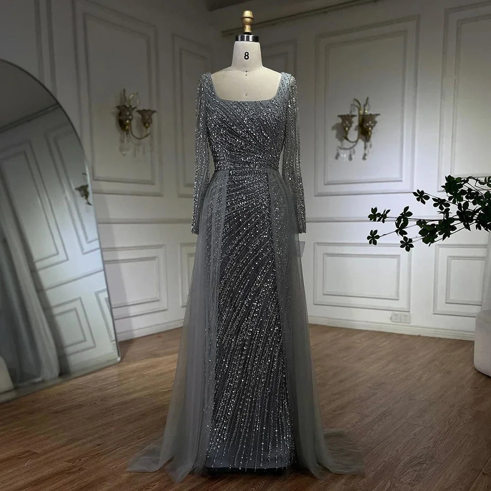 SERENE HILL 2024 Arabic Dubai Silver Gray Beaded Mermaid Evening Dresses Long Sleeves Gown With Skirt For Women Party GLA71618L