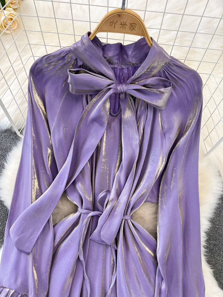 Elegant and Chic Solid Evening Dresses for Women Fashion New Bow Lace Up Flare Long Sleeve A-Line Vestidos Autumn Female Clothes