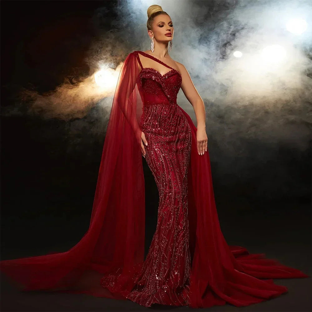 SERENE HILL 2024 Green One Shoulder Mermaid Evening Dresses With Cape Sideskirt  Luxury Gown For Women Wedding Party GLA72472
