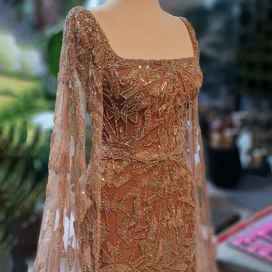Serene Hill Arabic Pink Cape Sleeves Mermaid Dubai Evening Dresses Beaded Luxury Wedding Party Gowns For Women 2024 LA72261