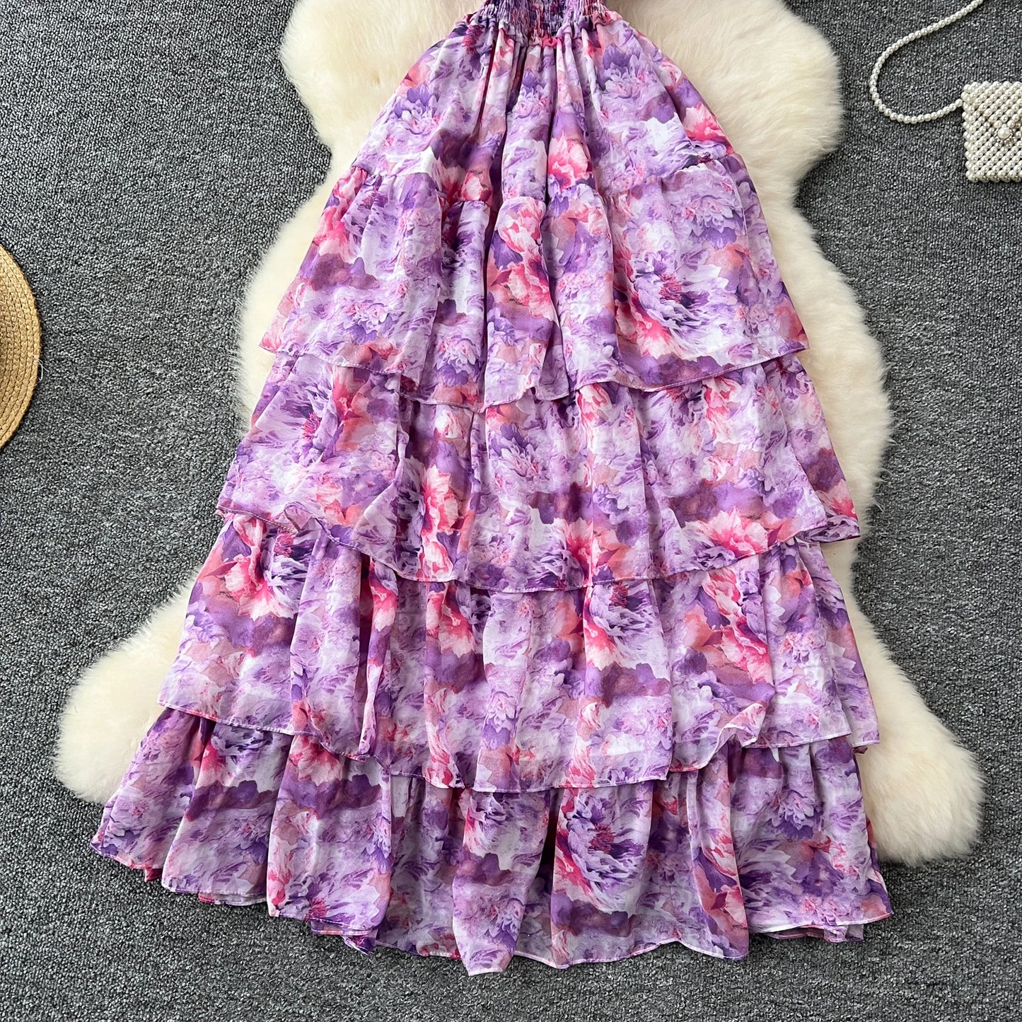 French Vintage  off shoulder short sleeve ruffle Dress Chic Casual Beach Vacation Women Summer chiffon dresses
