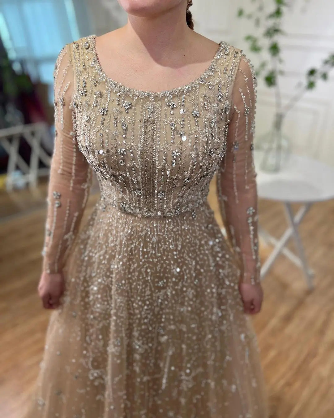 SERENE HILL Dubai Arabic Nude Designer Luxury Beaded Evening Dresses 2024 Long Sleeves Gowns For Women Wedding Party GLA72088