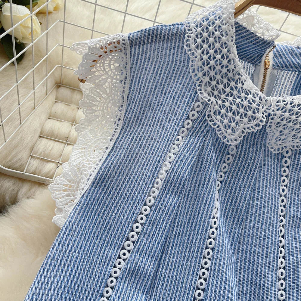 French Elegant Little Flying Sleeve Shirt Top Women's Summer Casual Loose Lace Hook Flower Retro Blue Striped Blouse Tops