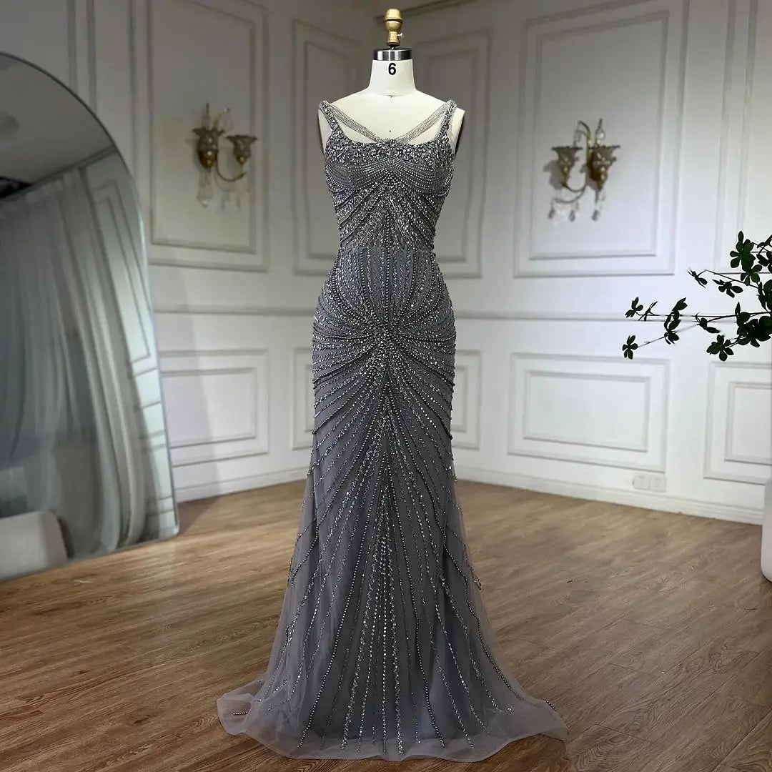 SERENE HILL 2024 Arabic Nude Spaghetti Strap Mermaid Luxury Beaded Evening Dresses Gowns For Women Wedding Party GLA72356