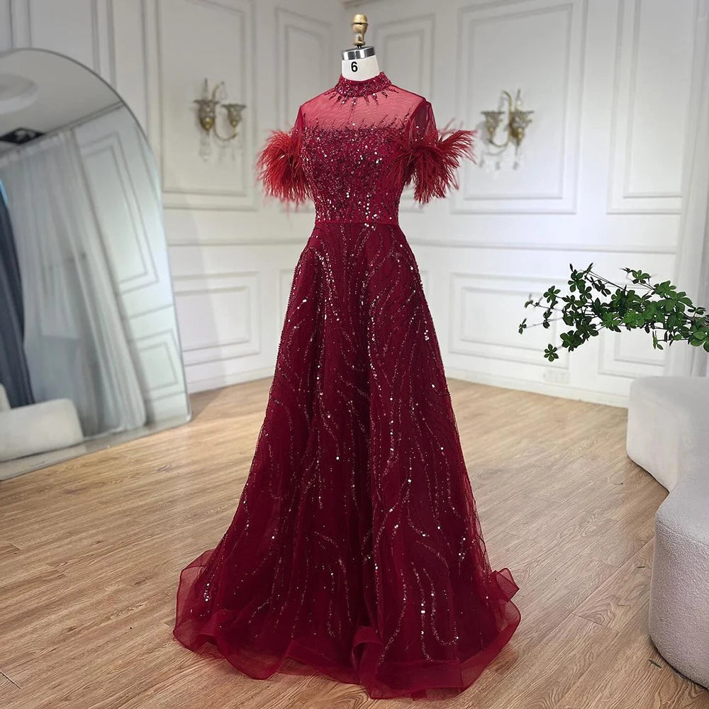 Serene Hill 2024 Arabic blue A Line Short Sleeveless Luxury Evening Dresses Beaded Feathers For Women Wedding Party LA72351