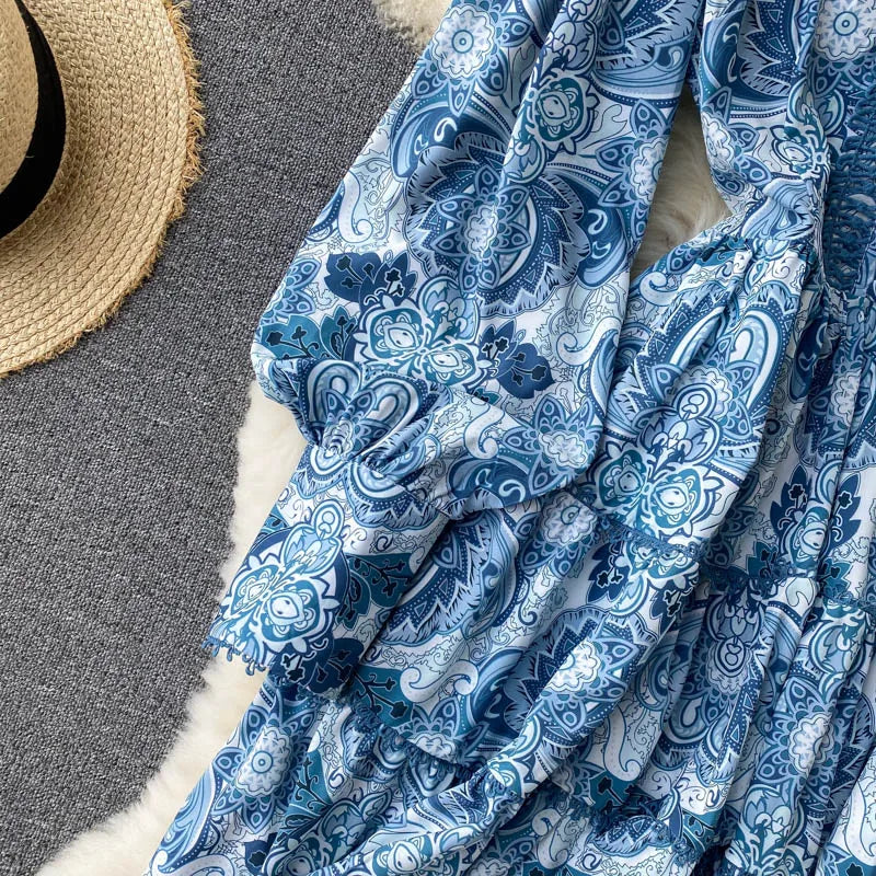Spring Summer Women Dresses Elegant Vintage Print Holiday Bohemian Beach Dress Stand Collar Long Sleeve Ruffle Tiered Mini Dress