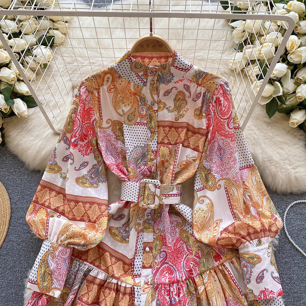 New In Dresses 2024 Spring Vintage Paisley Print Vacation Bohemian Dress Women Stand Collar Long Sleeve Mini Dress With Belt