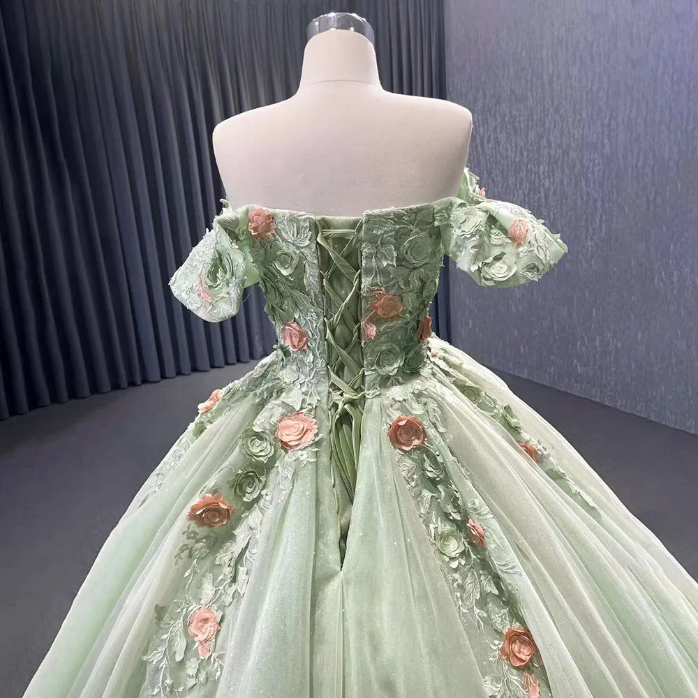 Serene Hill 2024 High End Custom Dubai Sage Green Elegant Boat Neck Wedding Dress Appliques Bridal Gowns HM222240B
