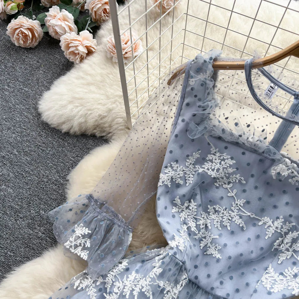 High Quality France Style Mesh Dress Women Long Ruffles Sleeves O Neck Embroidery Dot Zipper Ruched Gentle Party Sundress
