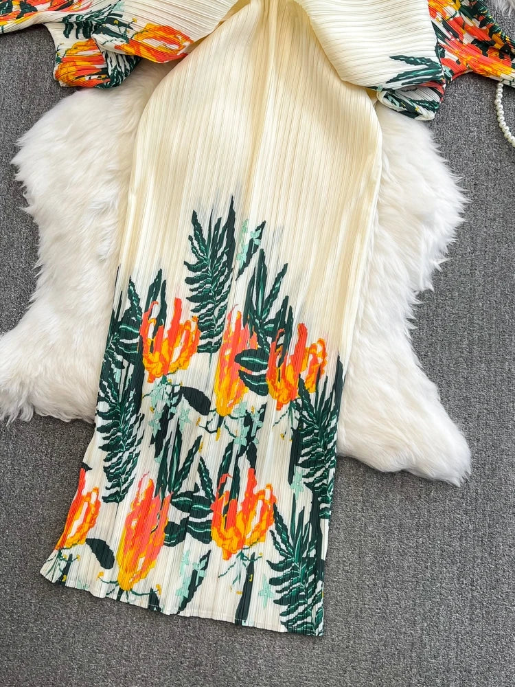 XFPV Women High Waist Printing A-line Pleated Dresses V-Neck Long Sleeved Lightweight Vestidos Spring Summer 2024 SM10792
