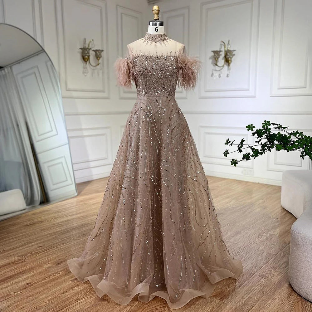Serene Hill 2024 Arabic blue A Line Short Sleeveless Luxury Evening Dresses Beaded Feathers For Women Wedding Party LA72351