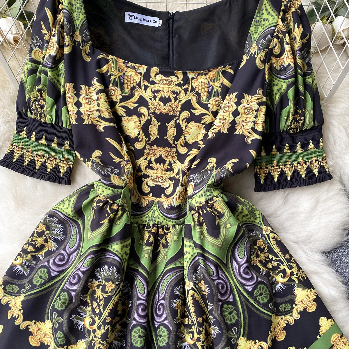 Elegant Party Dresses For Women 2023 Fashion Clothes Vintage Print Mini Dress Square Neck Short Sleeve Tiered Hem Summer Dress