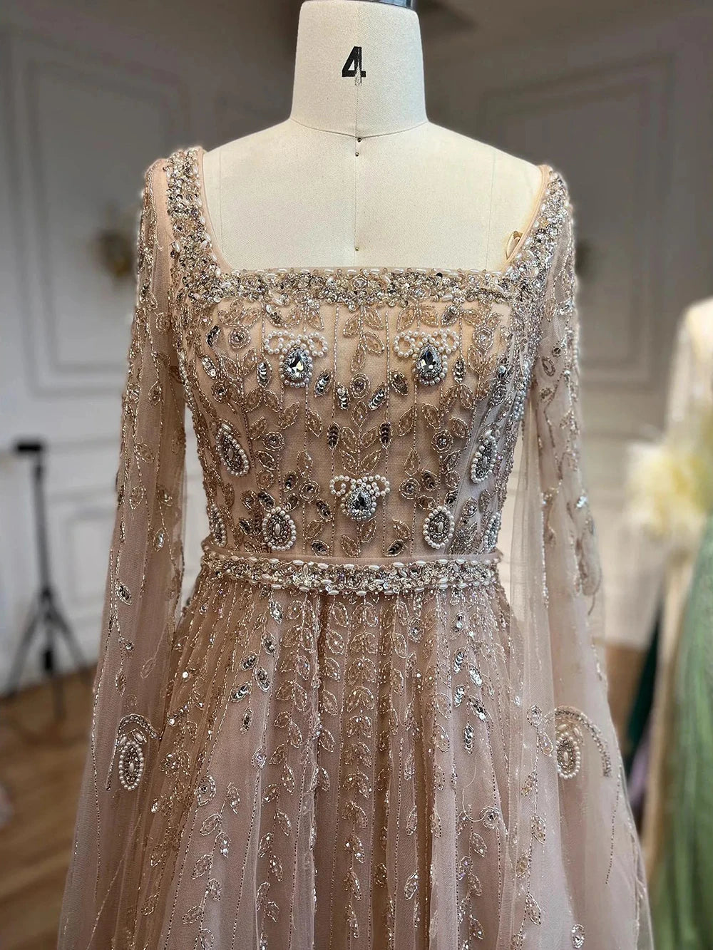 Serene Hill 2024 Muslim Pink A Line Beaded Elegant Cape Sleeve Luxury Evening Dresses Gowns For Women Wedding Party LA71803A