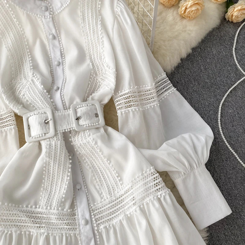 Wedding Guest Dresses For Women Lace Trim Luxury Party Dress Stand Collar Long Sleeve Button Up Holiday Mini Dress With Belt