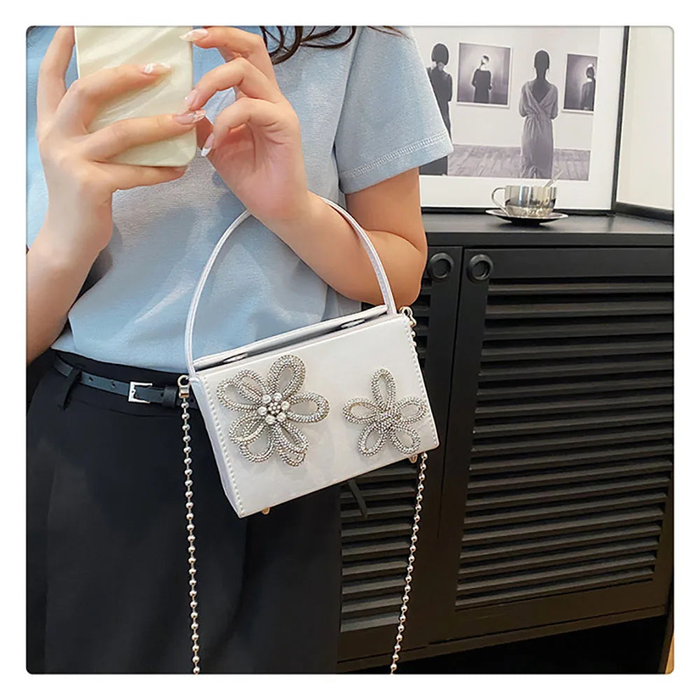 Light Luxury High-Grade Women Chain Crossbody Bag Korean Design Sense Diamond Flower New Pop Handbag Fashion Box Mini Square Bag