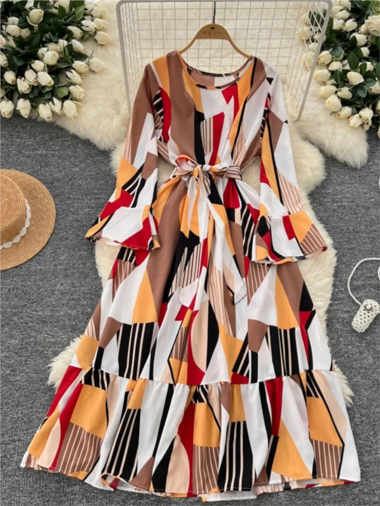 Women Vintage Print Dress for Women Autumn Flare Long Sleeves Lace Up Ruffles Slim Waist Evening Party Dresses A-Line Vestidos