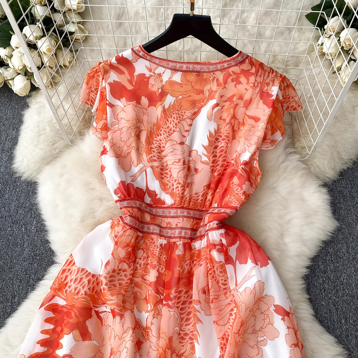 Short Dresses Women Cap Sleeve Vintage Print Chiffon Dress Faux Pearl Buttoned V Neck Ruffle Hem Wedding Elegant Party Dress