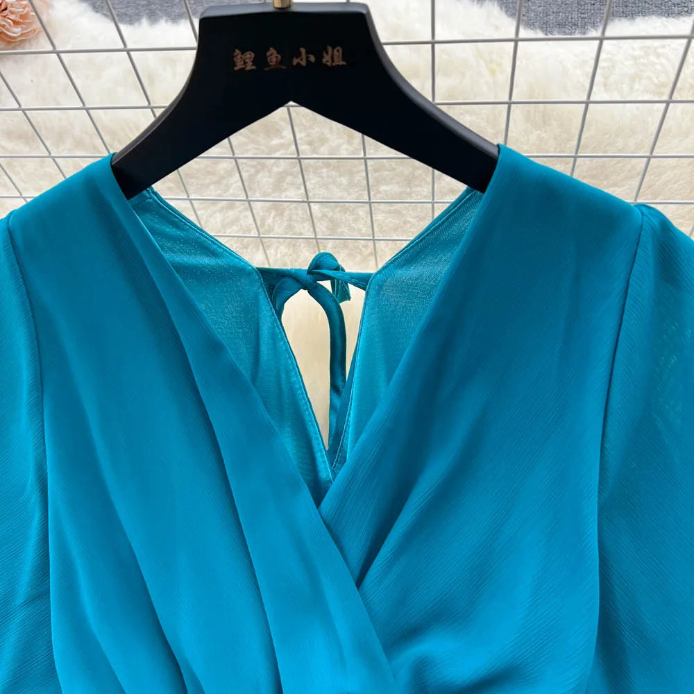 Vintage Elegant V-neck chiffon Dress A-line Fashion Beach Spring Summer Vestidos Women Bandage Sweet dresses