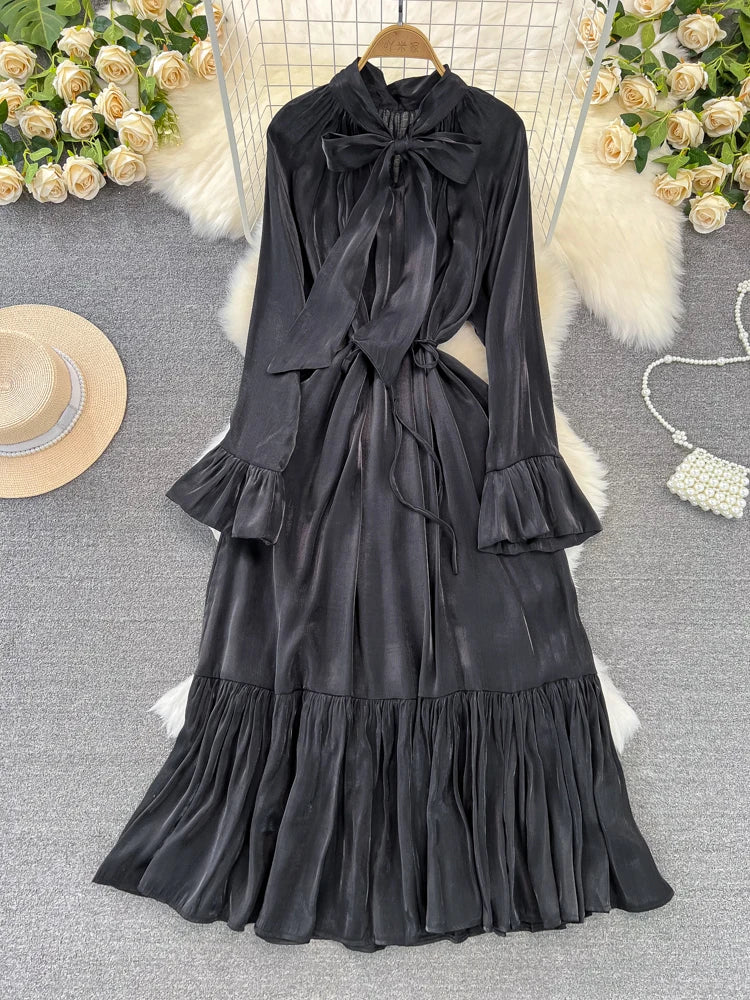 Elegant and Chic Solid Evening Dresses for Women Fashion New Bow Lace Up Flare Long Sleeve A-Line Vestidos Autumn Female Clothes