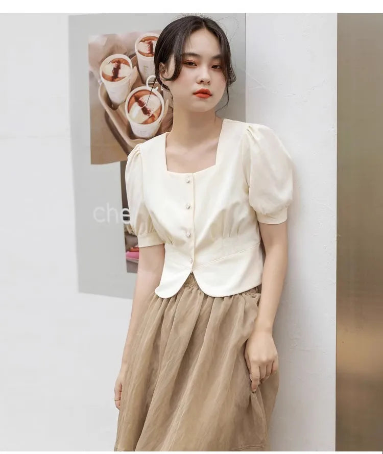 Temperament Short Bubble Sleeve Shirt for Women French Square Neck Elegant Design Office Lady Shirts Summer New Cropped Tops