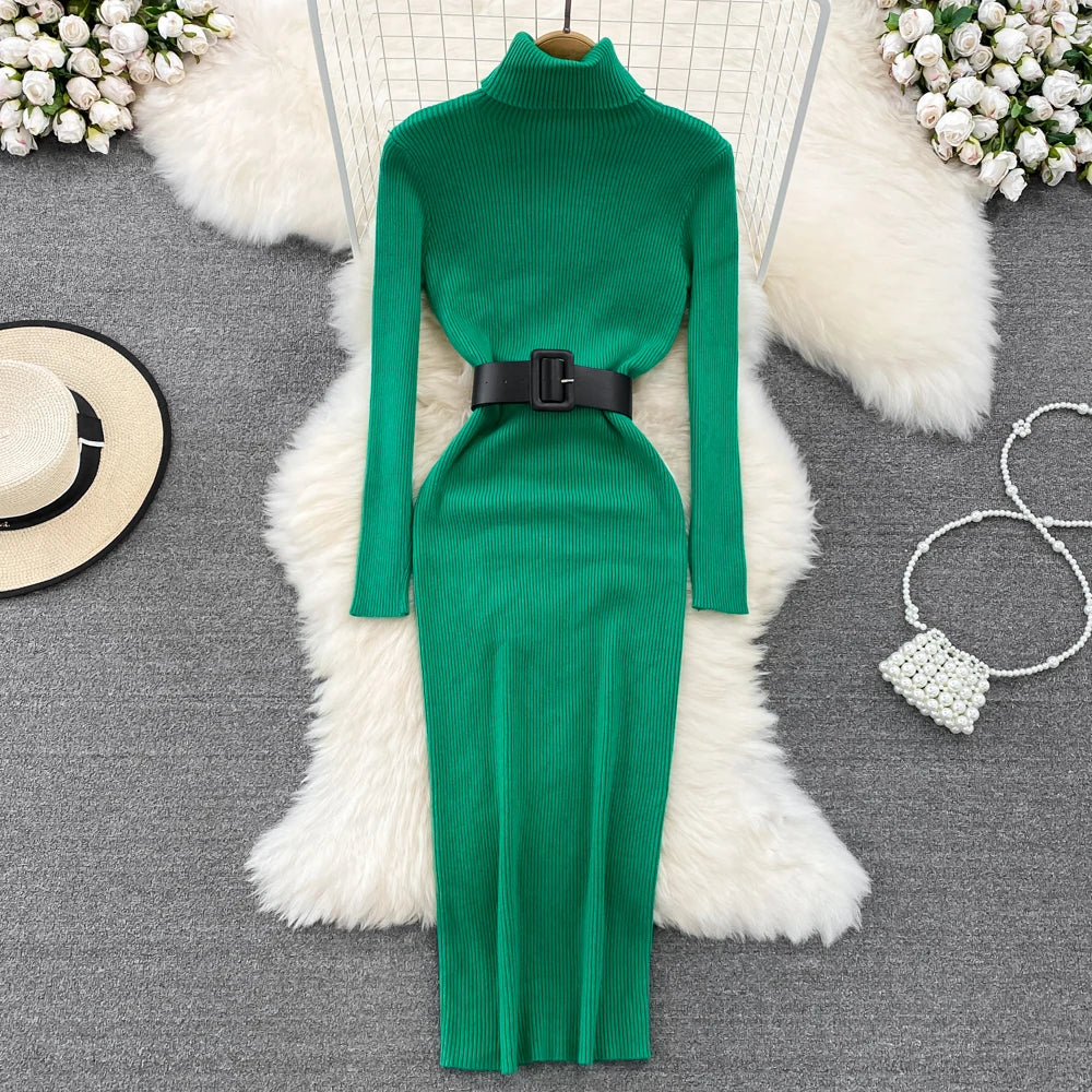 Elegant Turtleneck Long Sleeve Knit Soft Tight Pencil Dress with Belt Slim Fashion Warm Sweater Vestido Sexy Women Winter Robe
