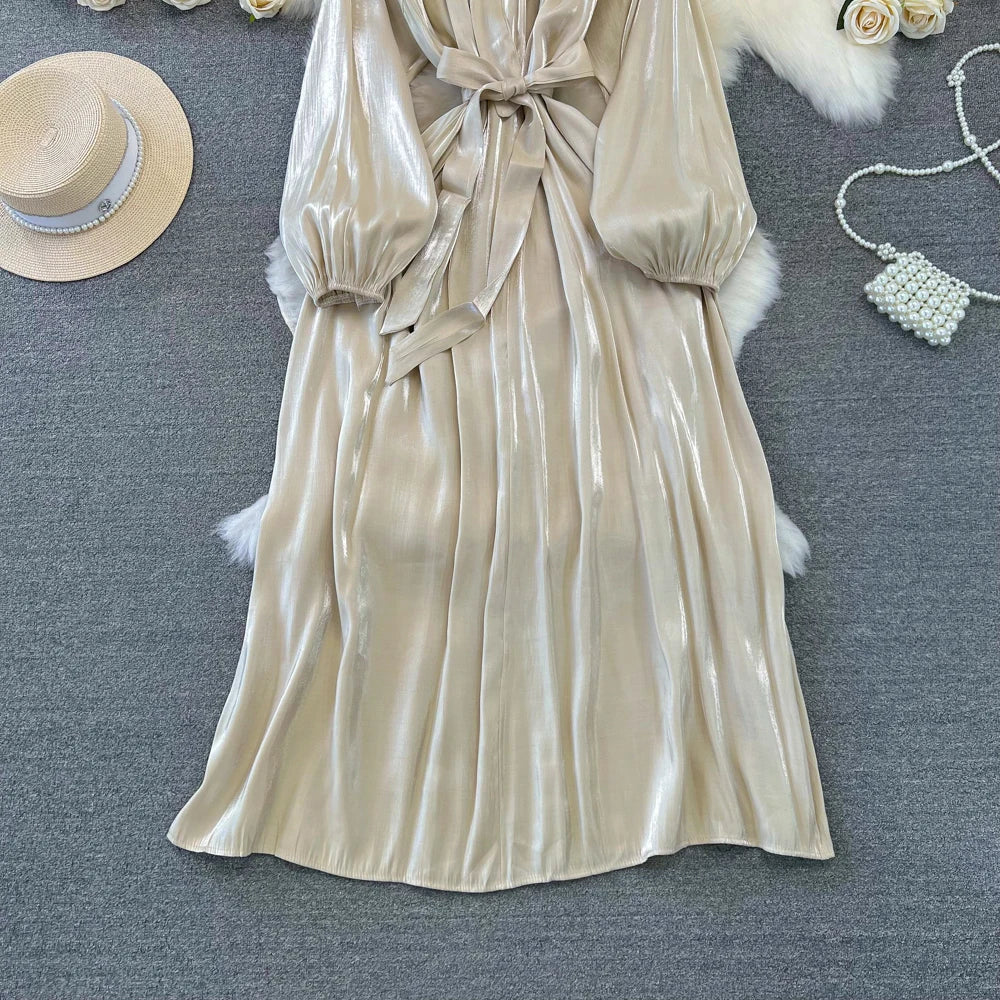 Autumn Elegant Women Fashion Party Long Dress Bow Lace Up Long Sleeve Evening Dresses A-Line Casual Vestidos One Piece Prom Robe