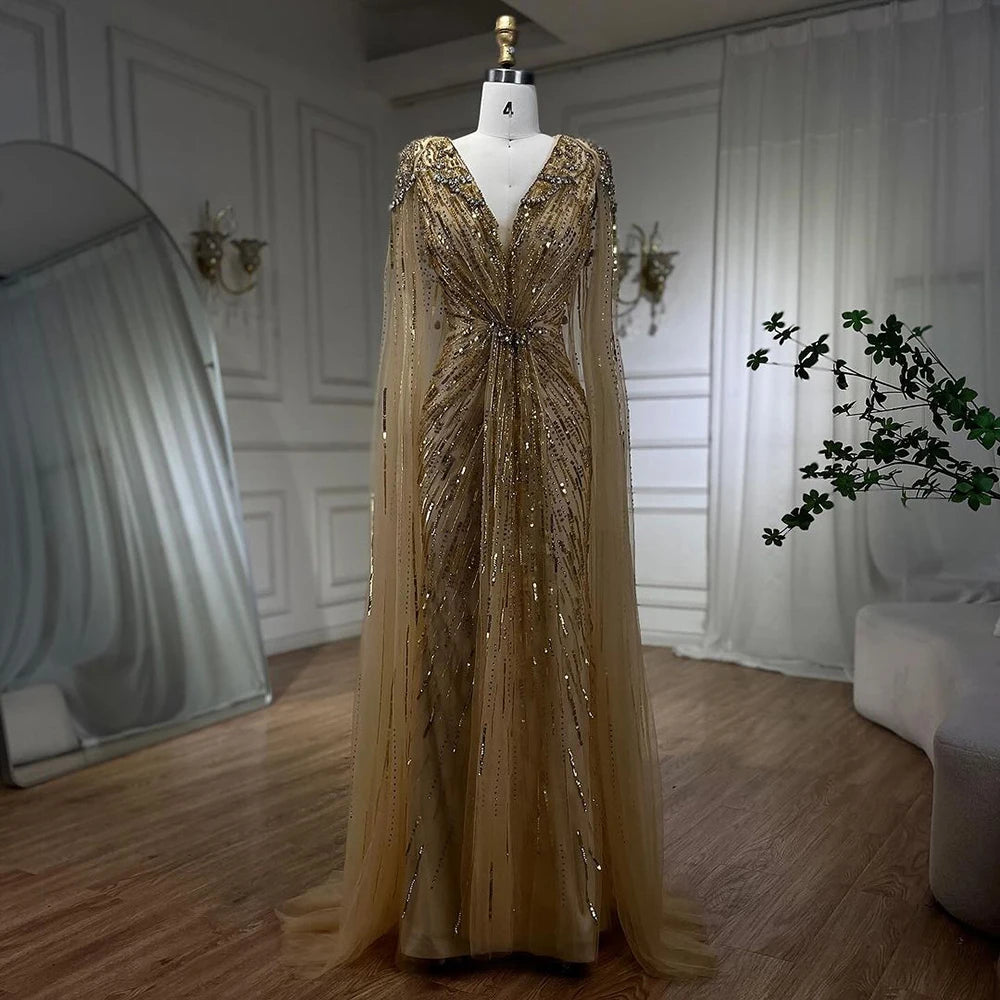 Serene Hill Turquoise Mermaid Evening Dresses Gowns 2024 with Beaded  With Cape for Women's Wedding Party LA72168A